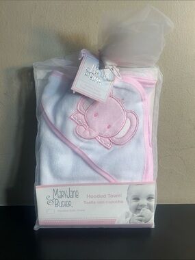 Mary Jane Hooded Baby Towel with Pink Trim and Elephant